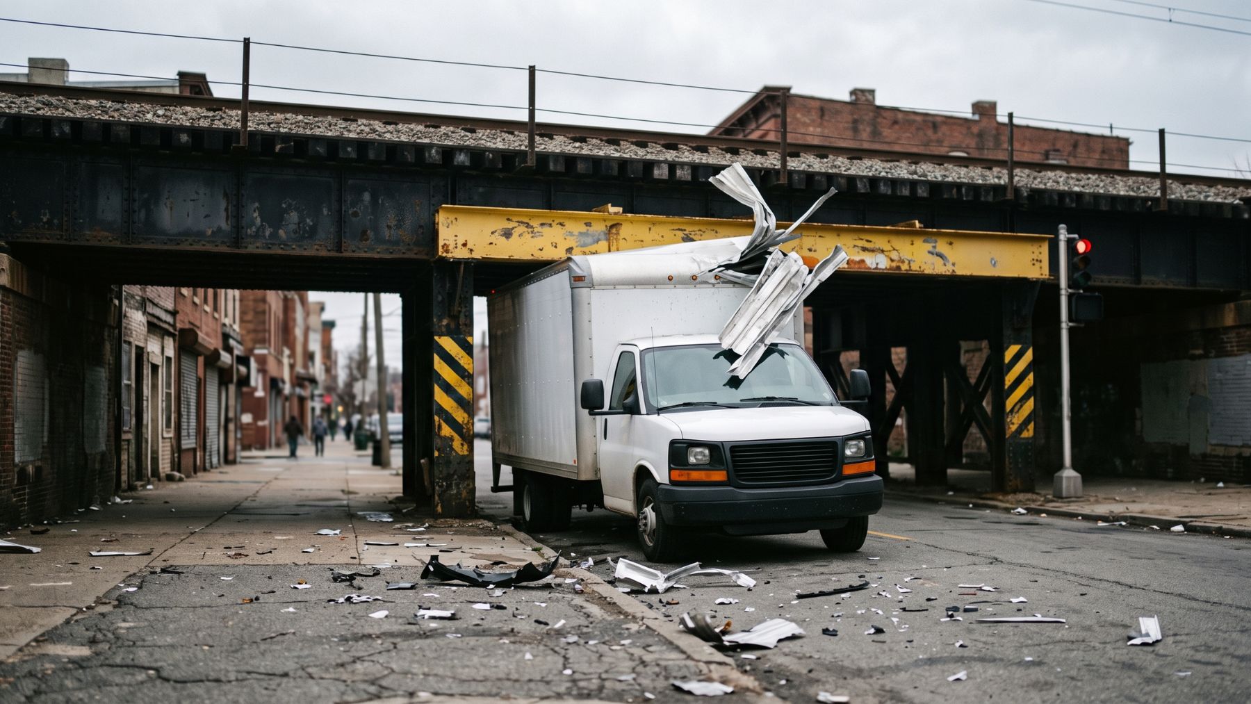 A box truck with its roof peeled under a railroad bridge