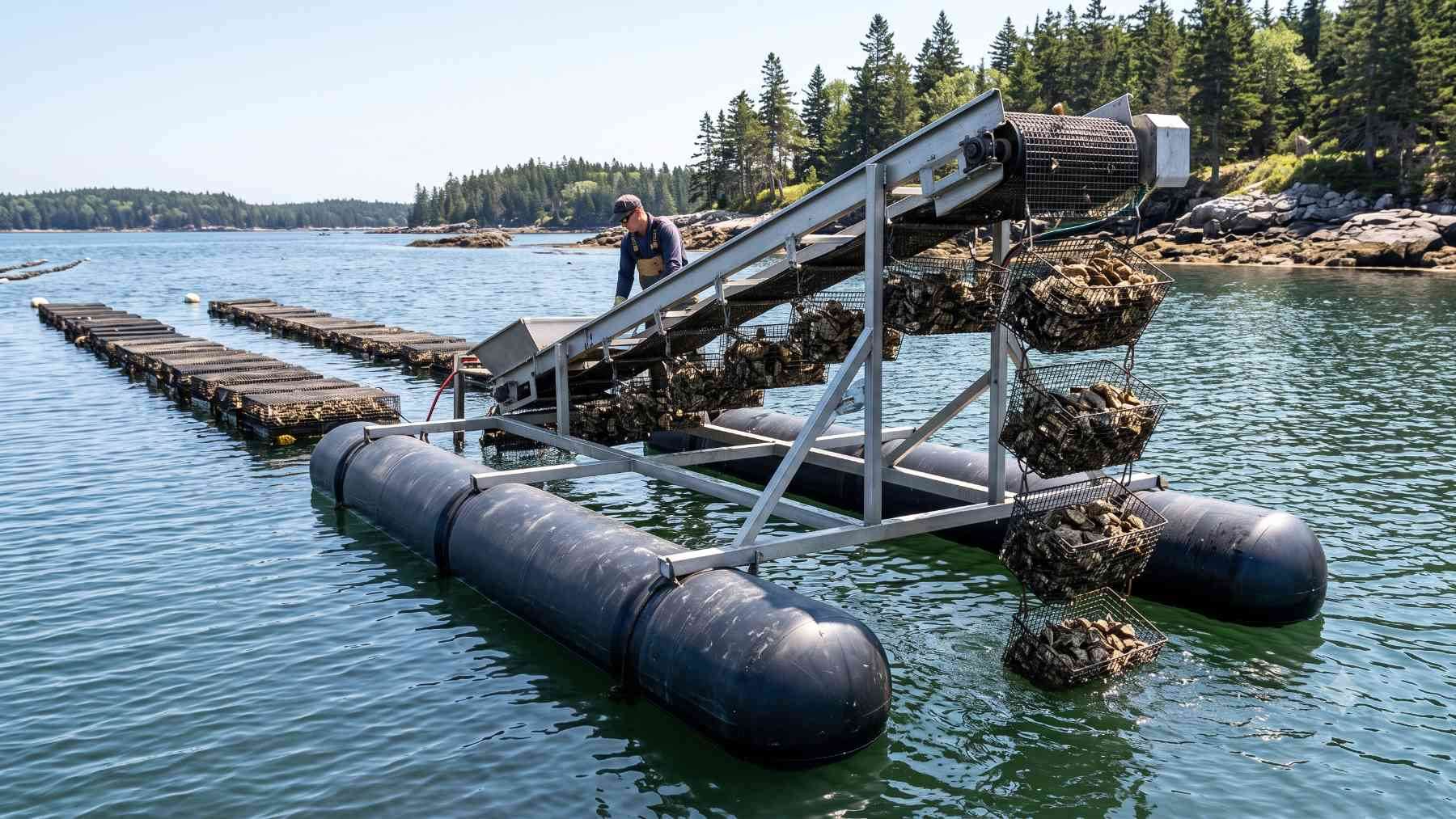 A farm in Maine hung baskets of oysters from a floating conveyor belt that brings them up into the sun to clean them and then submerges them again 1 floating oyster platform
