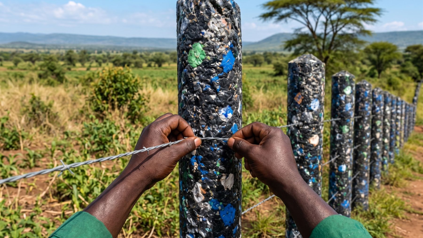 A fence post cut face showing fragments of waste plastic