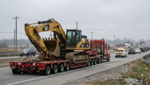 A giant Caterpillar excavator weighs about 94 tons, more than twice the legal road limit, and the real marvel in the convoy is not the digger but the hydraulic trailer beneath it 35 A giant Caterpillar excavator riding a hydraulic trailer down a highway