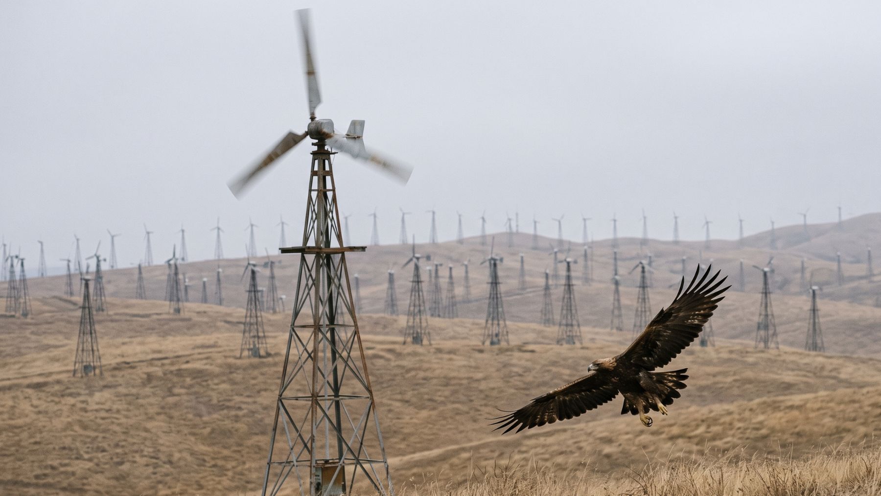 A golden eagle gliding over hills crowded with small wind turbines