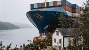 A Ukrainian officer dozed off at 16 knots, and his 443 foot cargo ship sailed itself onto a Norwegian shore, stopping about 23 feet from a sleeping man's bedroom wall 36 A grounded cargo ship stopped beside a Norwegian house at dawn