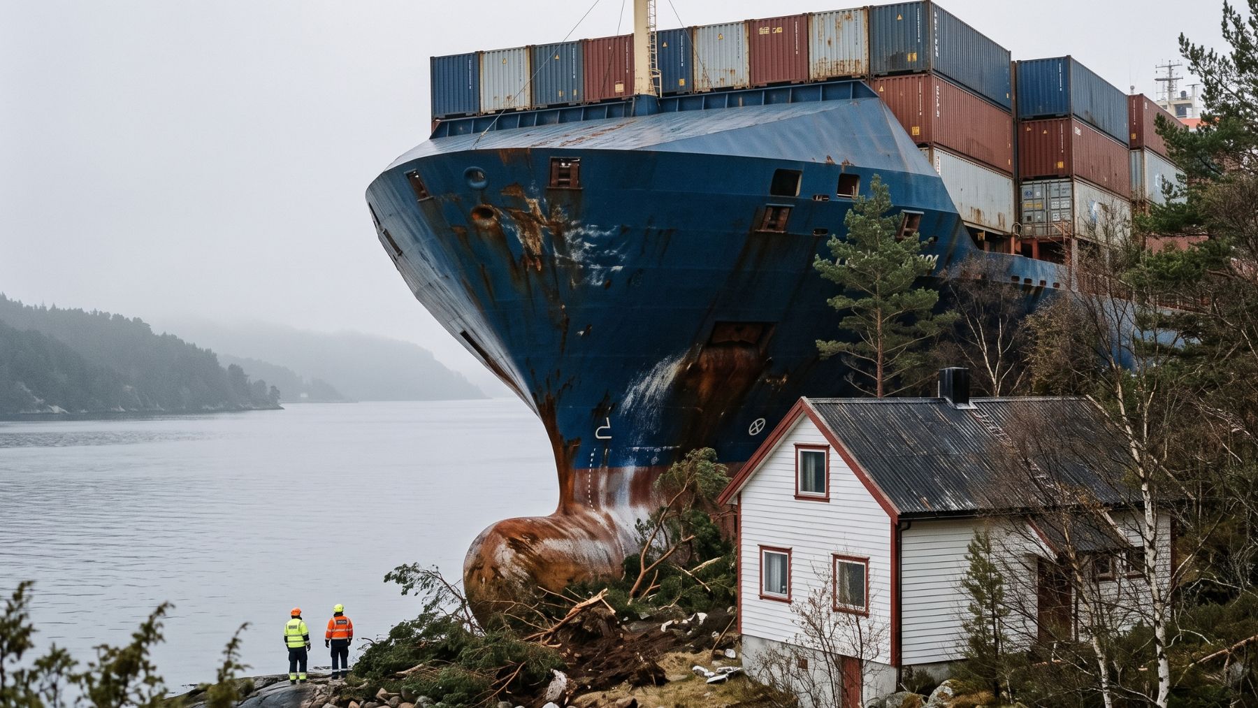 A grounded cargo ship stopped beside a Norwegian house at dawn