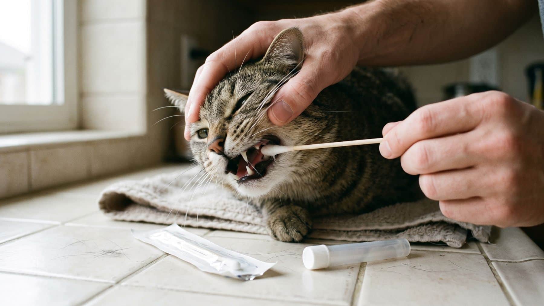 A hand swabbing a cat's cheek for a cat DNA test