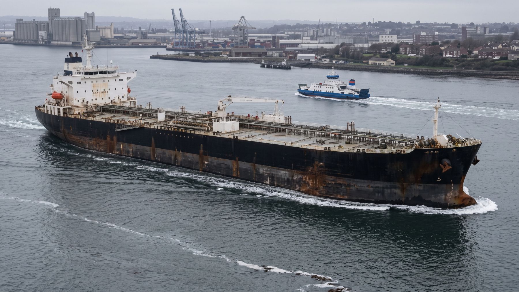 A loaded tanker crossing the Bosphorus currents in a narrow channel