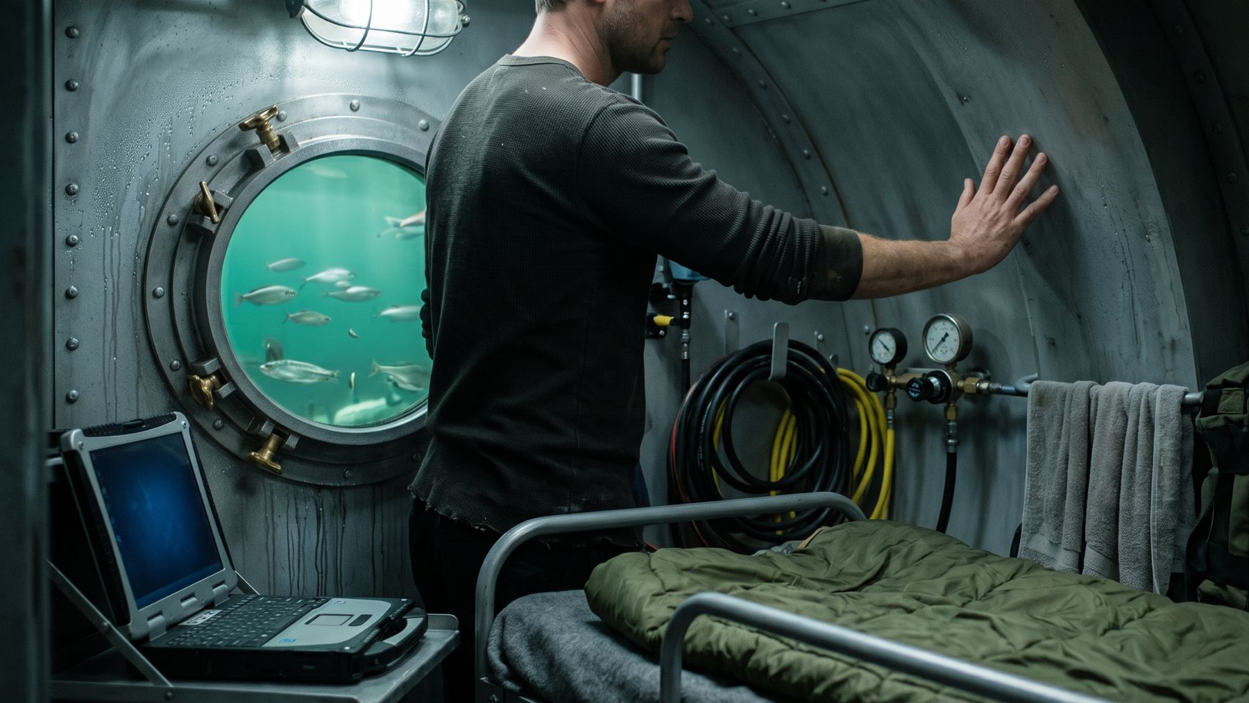 A man's hand pressed to a porthole inside an underwater habitat