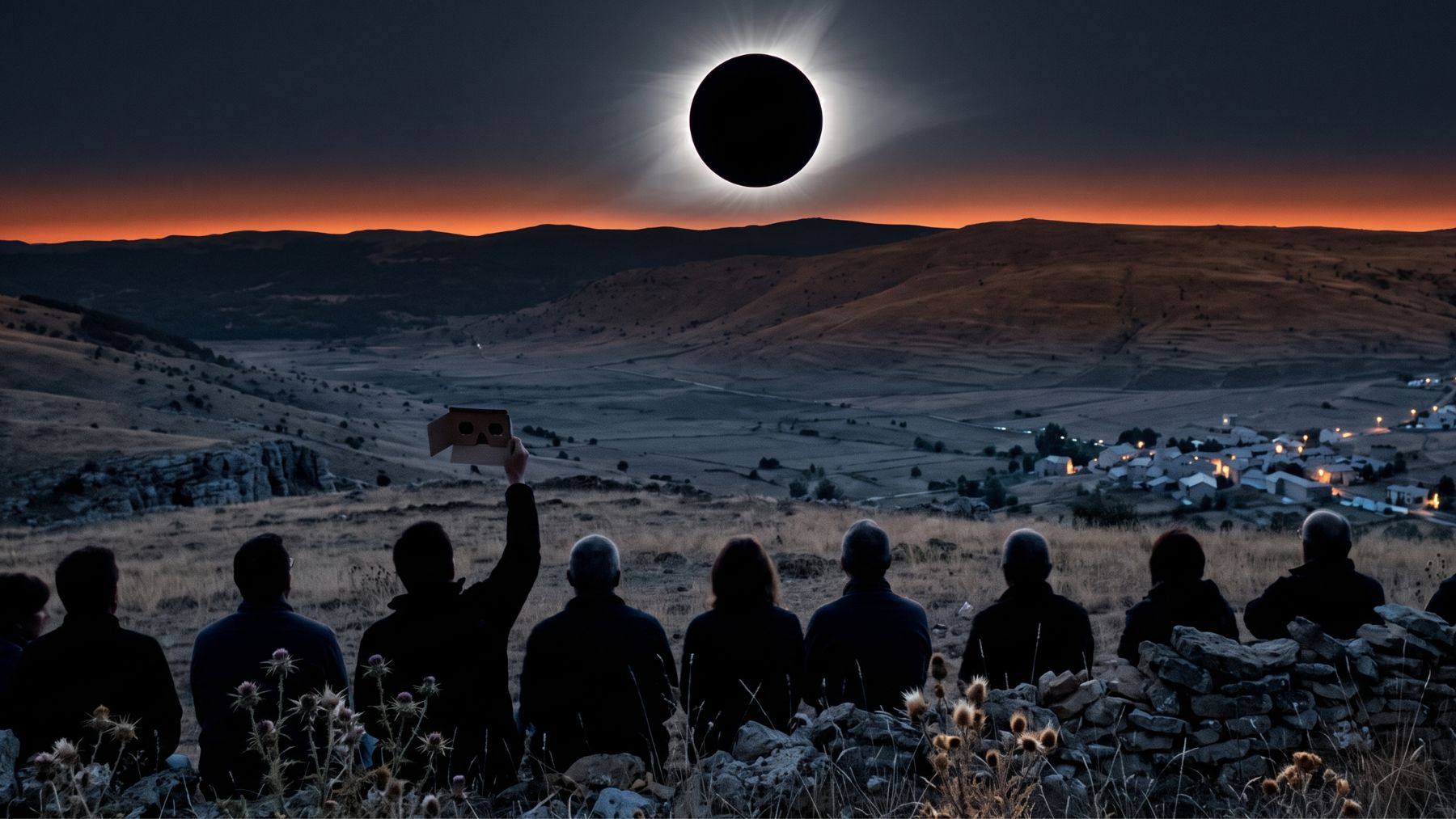 A total solar eclipse low above a dry Spanish ridgeline
