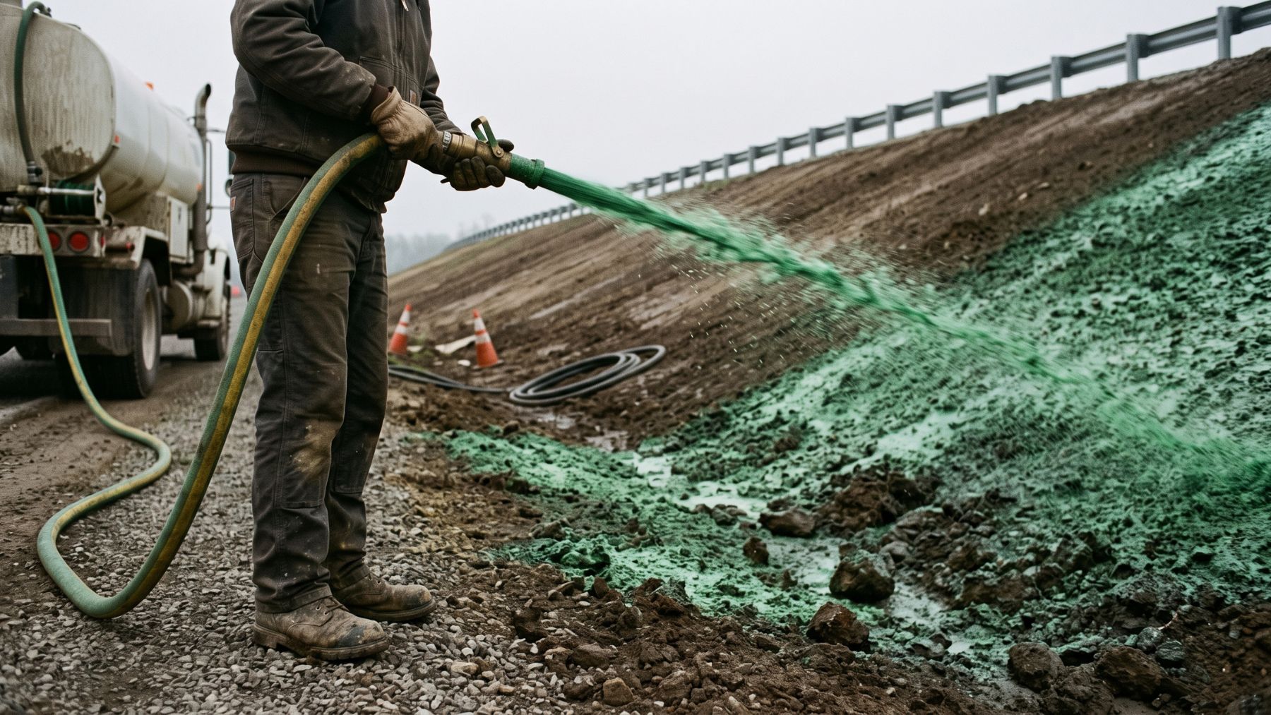 A truck spraying green slurry across a bare highway slope