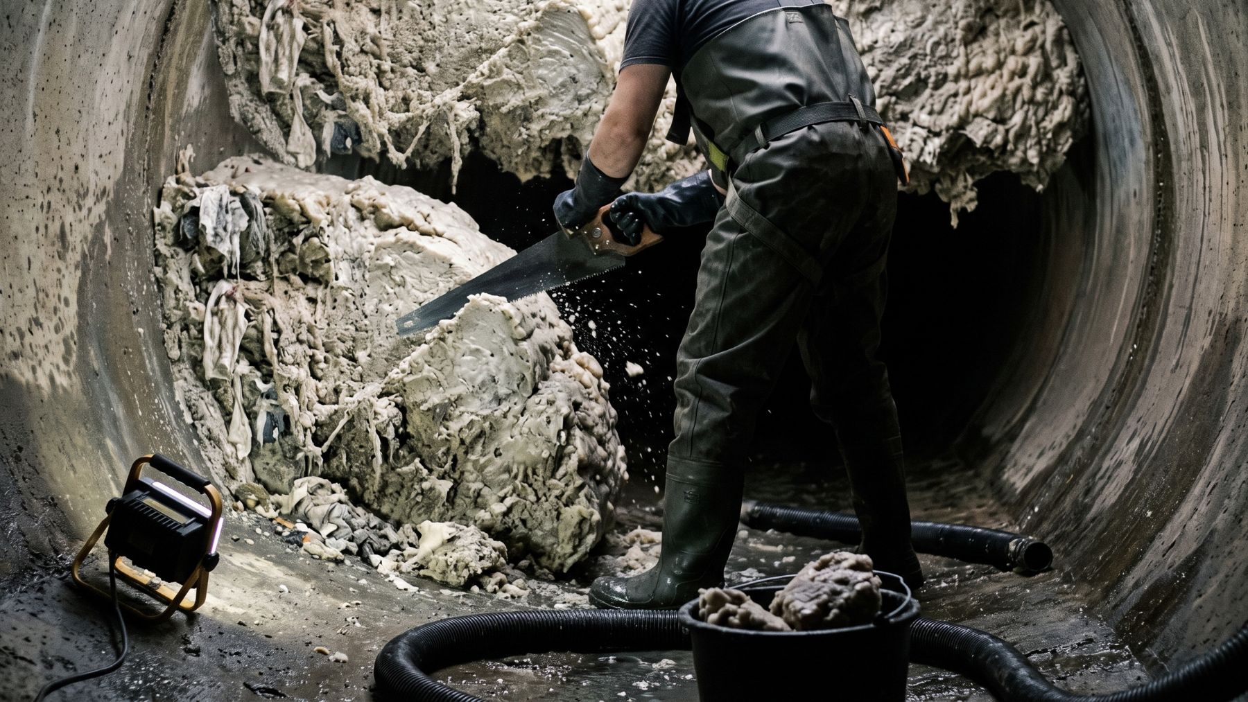 A worker sawing hardened cooking grease from a sewer pipe