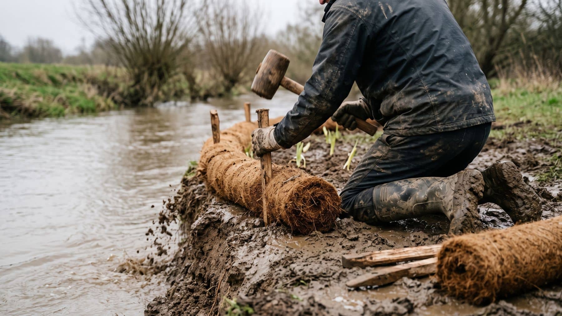 A worker staking a coconut husk log along a stream bank