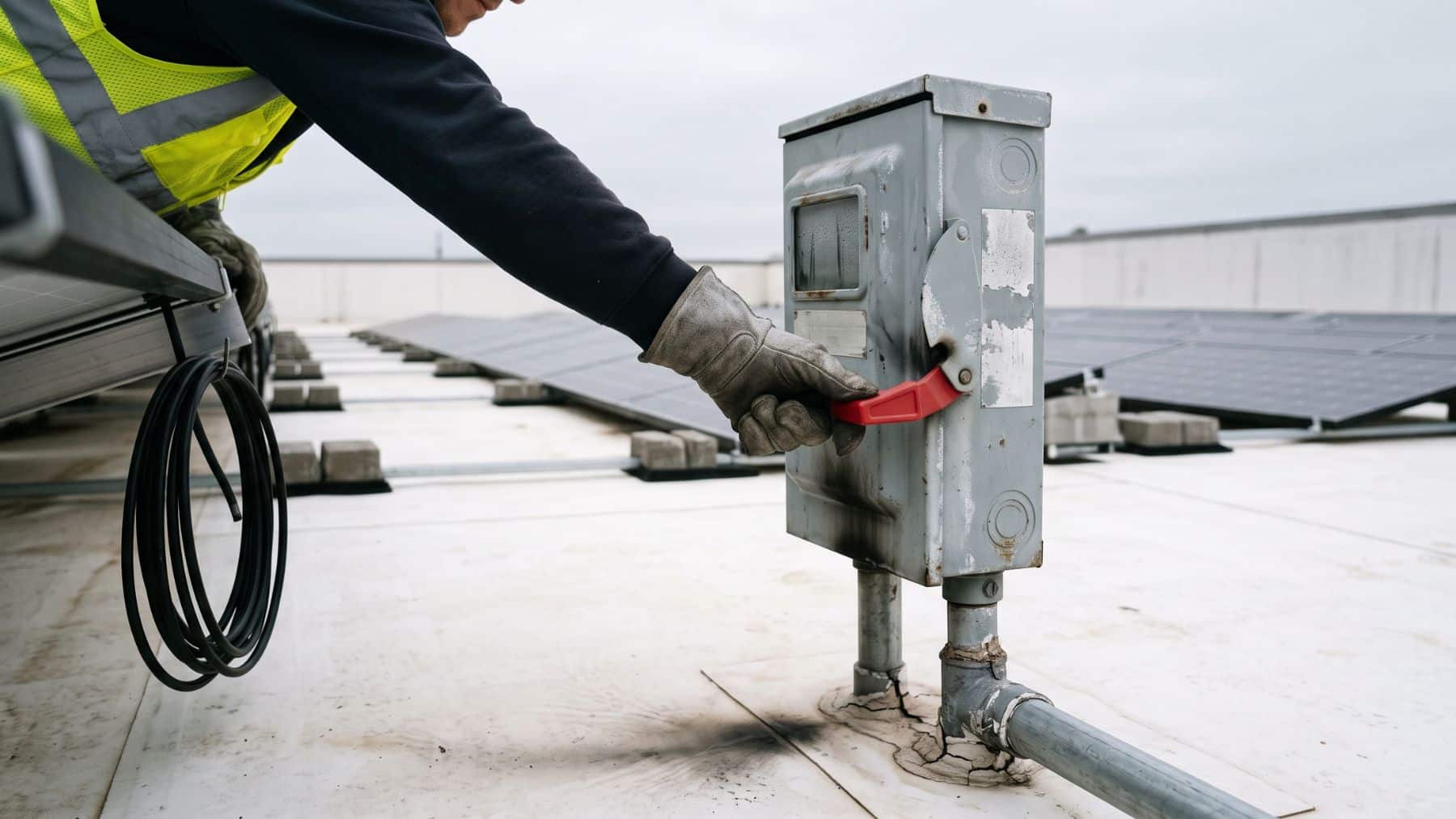 A worker switching off a rooftop solar disconnect on a roof