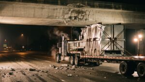 An oversize load rolling west on Interstate 90 near Cle Elum was ordered off the freeway before one low bridge, and when the driver stayed on he wrecked an overpass that took 8 million dollars to rebuild 26 An oversize load stopped under a damaged interstate overpass at night