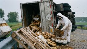 A truck carrying 70,000 pounds of hives rolled over on a Washington farm road, and the bee spill that followed made the state write a 10 page plan that had never existed anywhere 42 Beekeeper restacking hive boxes after a roadside bee spill