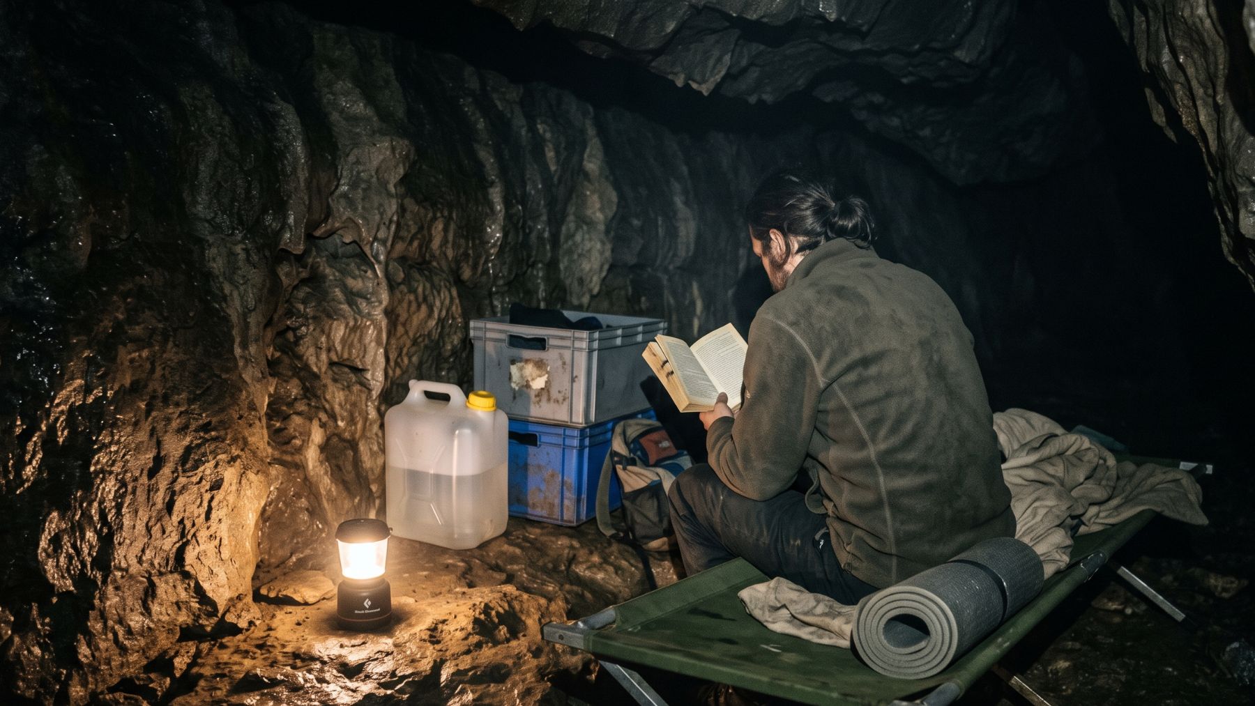 Climber alone in a dark cave chamber during 500 days underground