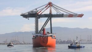 A heavy lift ship carried 2 gantry cranes into Kingston standing bolt upright on its open deck, and each one lifts a loaded container to about the height of Niagara Falls before swinging it ashore 15 Crane ship