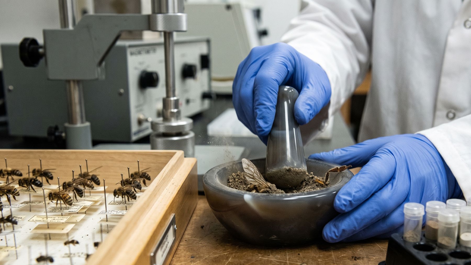 Dried bee specimen ground to powder to test for magnetic particles