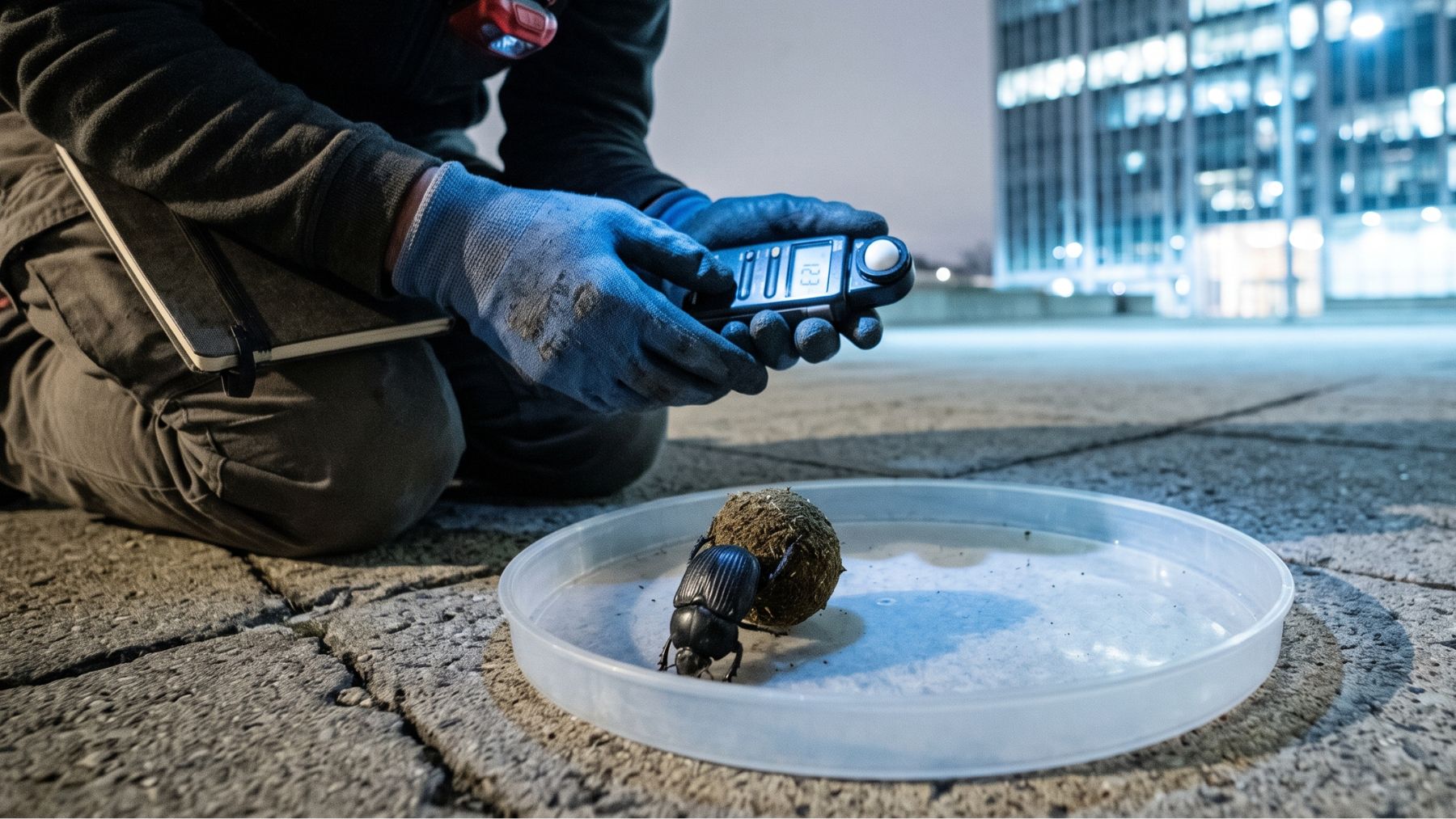 Field team measuring city sky brightness beside rolling dung beetles