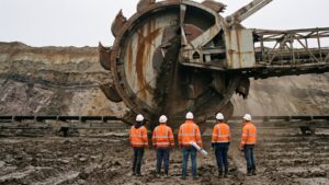 A crew of 5 works the biggest bucket wheel ever built, 315 feet of steel moving 240,000 tons of German ground a day, and a termite mound does the same sorting job with no machinery at all 40 Five workers dwarfed by the bucket wheel of a mine excavator