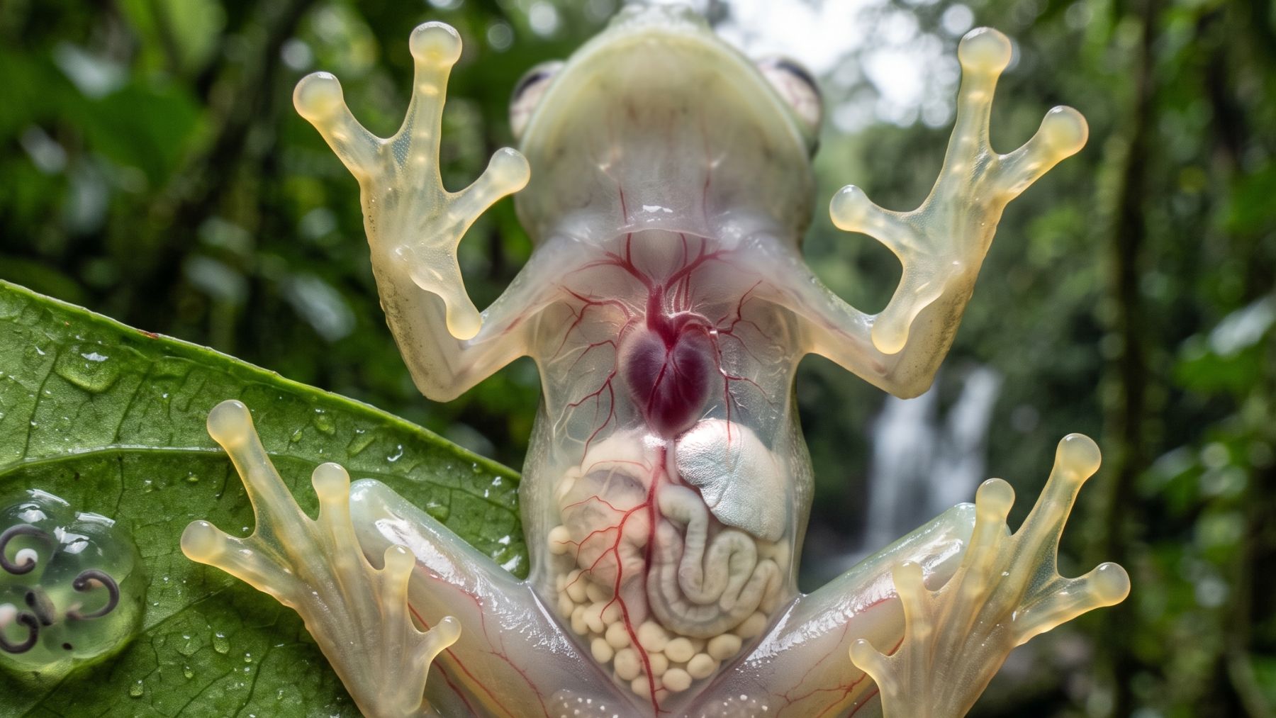 Glass frogs seen from below with organs visible through the belly