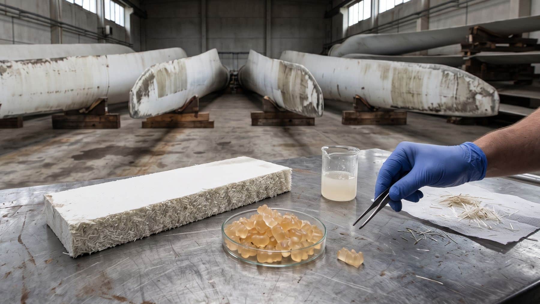 Gummy bears on a bench in front of stored turbine blades