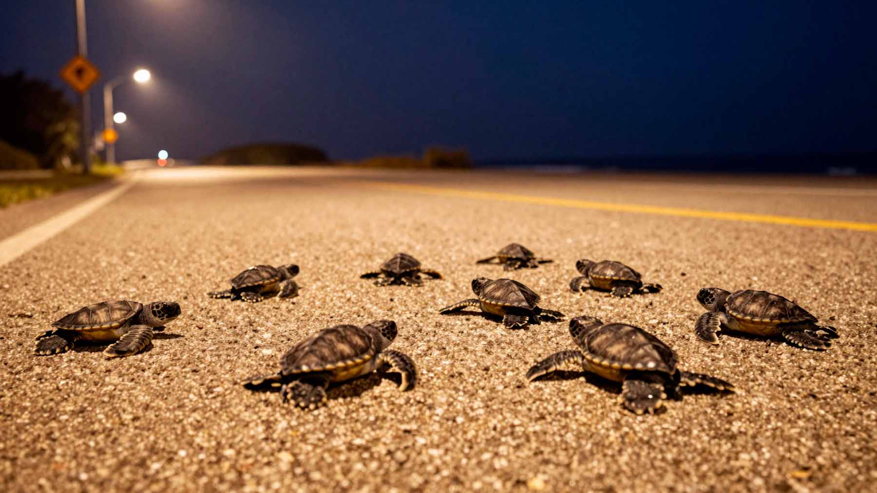 In a coastal flatland county in Florida, 75 newborn sea turtles followed their ancient "inner compass" straight toward a road and away from the ocean waiting for them 1 In a coastal flatland county in Florida 75 newborn sea turtles followed their ancient inner compass straight toward a road and away from the ocean waiting for them