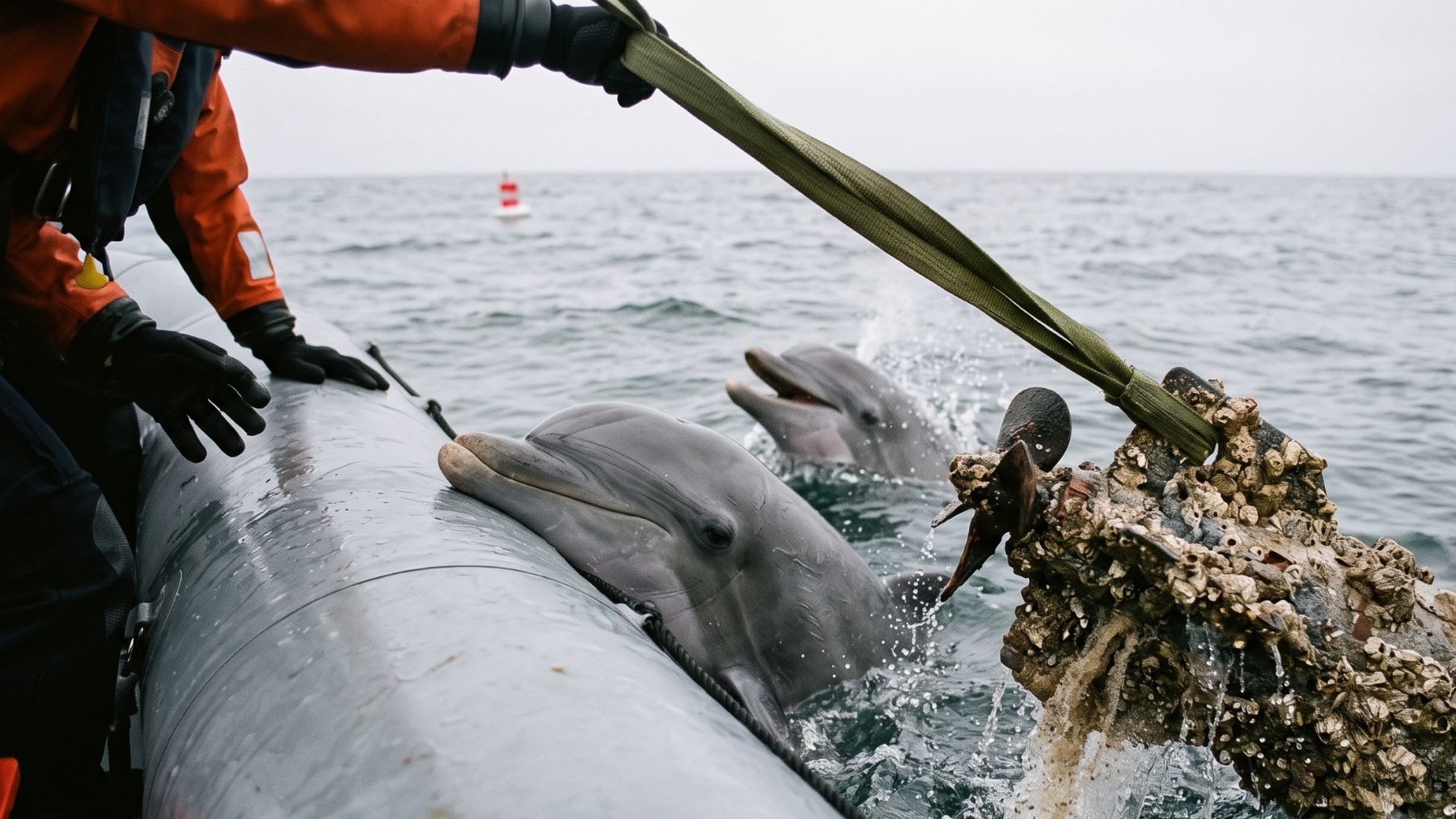 Navy dolphins beside a boat as an encrusted torpedo is lifted