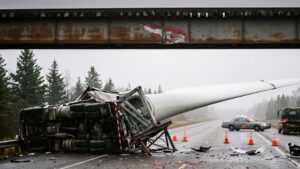 A 240 foot turbine blade clipped a railroad trestle on Route 1 at dawn, flipped the truck under it, and then had to be carried backward to the port it had left an hour earlier 41 Overturned truck and turbine blade under a railroad trestle