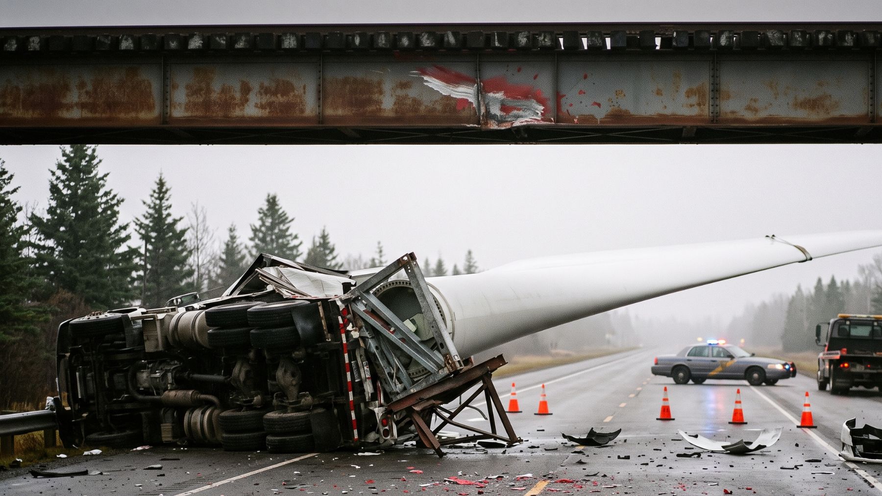 Overturned truck and turbine blade under a railroad trestle