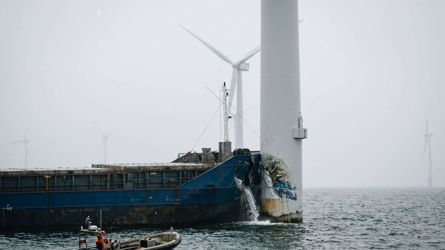Torn bow plating on a freighter beside a wind turbine tower