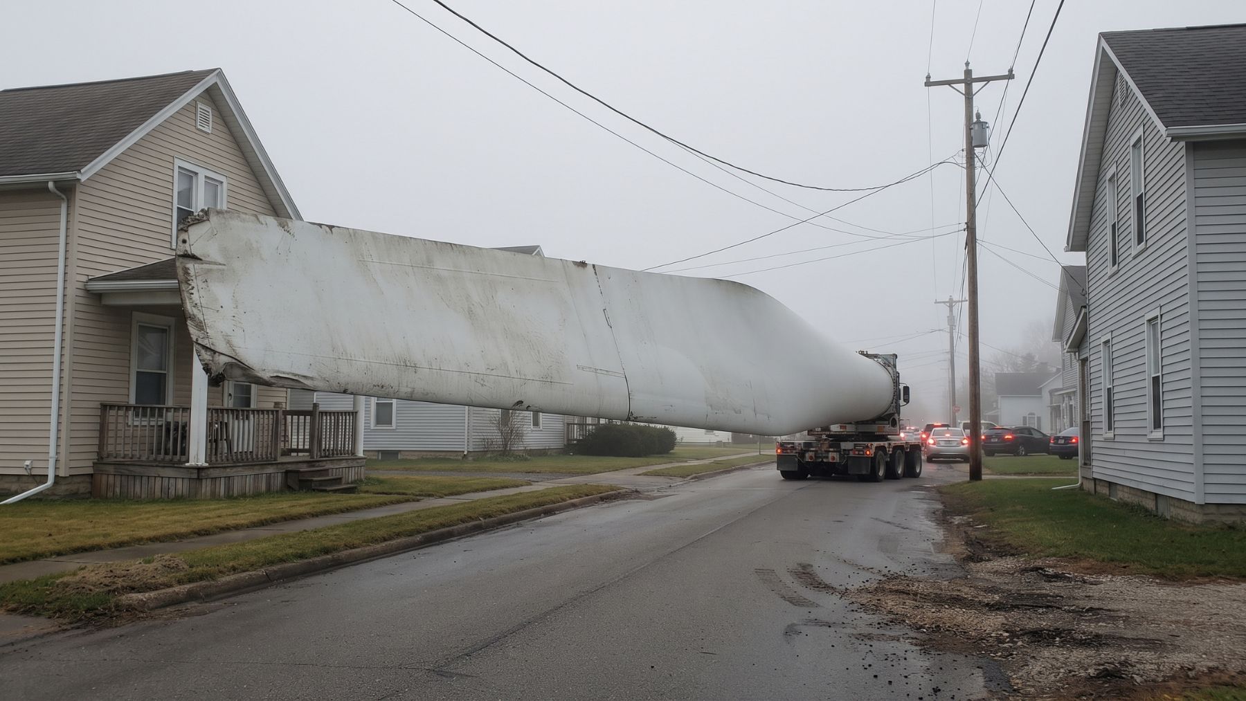 Turbine blade wedged between two houses on a street