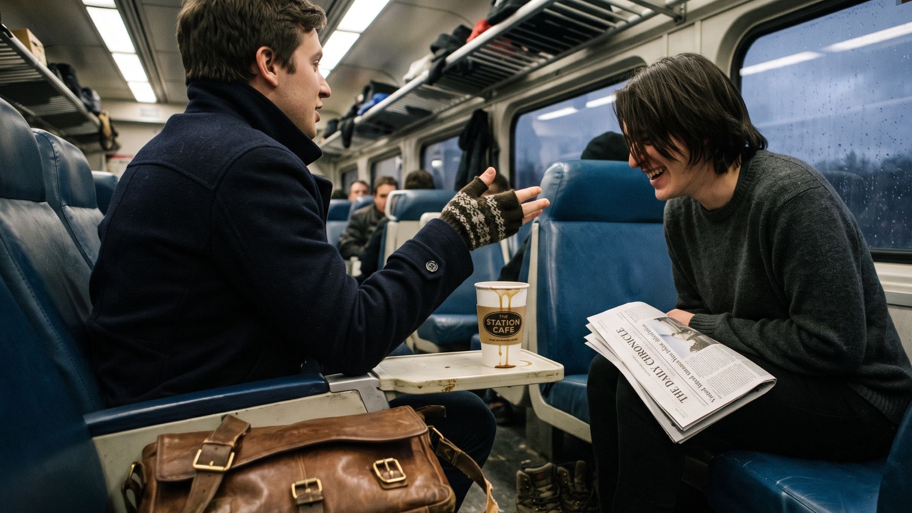 Two commuters talking to strangers across a train aisle