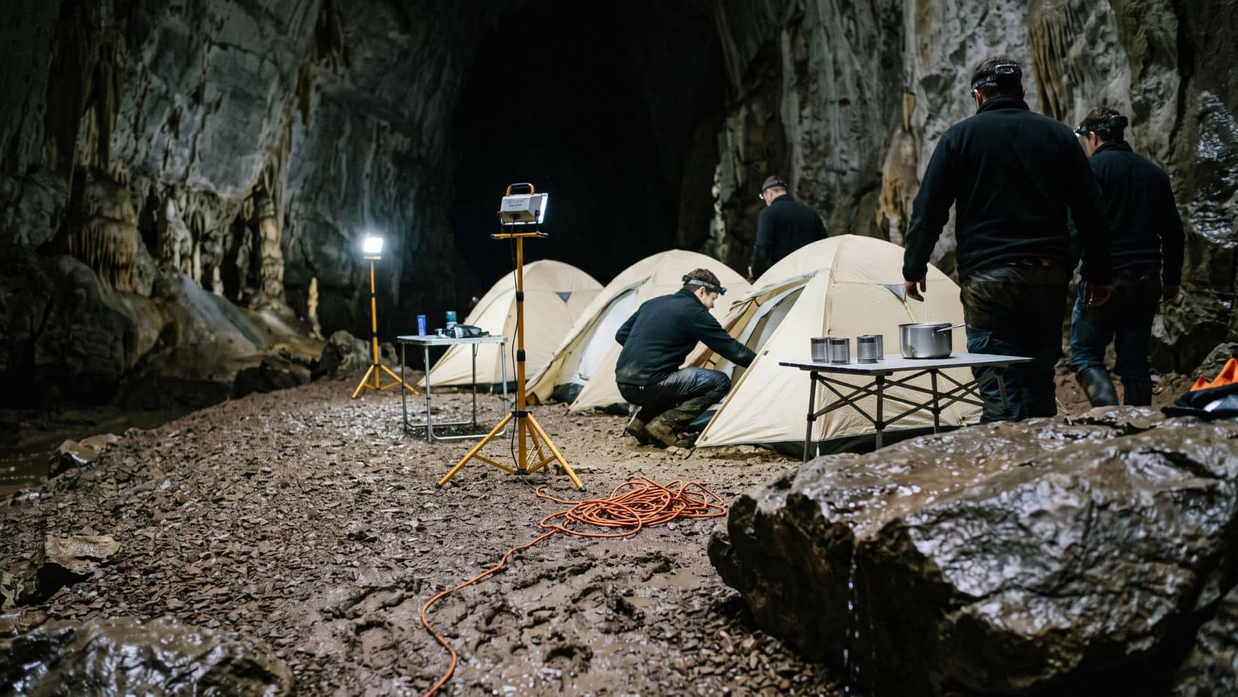 Volunteers in headlamps at a camp inside a dark French cave