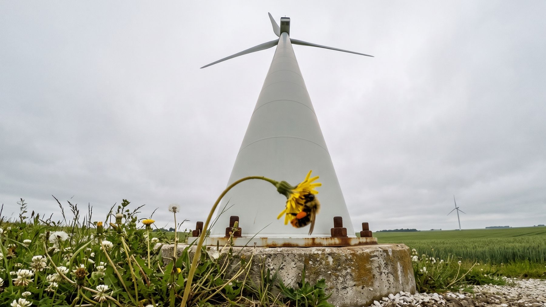 Wild bees on flowers below a tall wind turbine tower