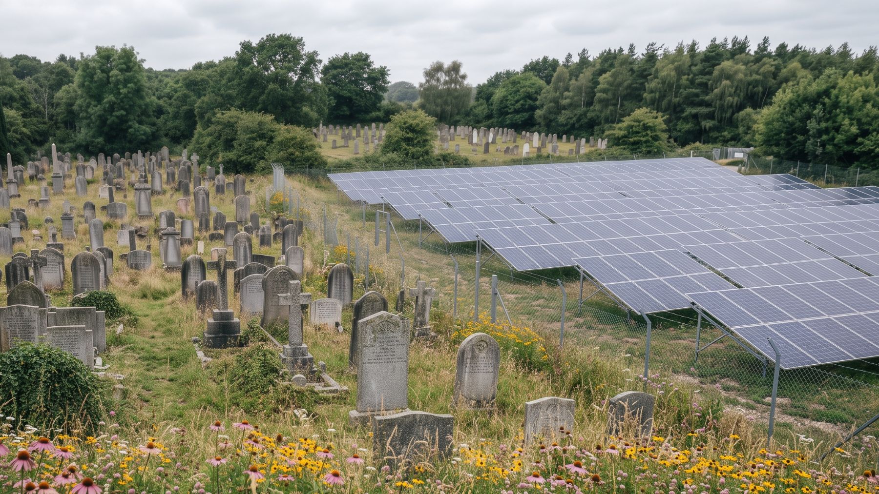 Wildflowers and a bee under solar panels beside a small cemetery