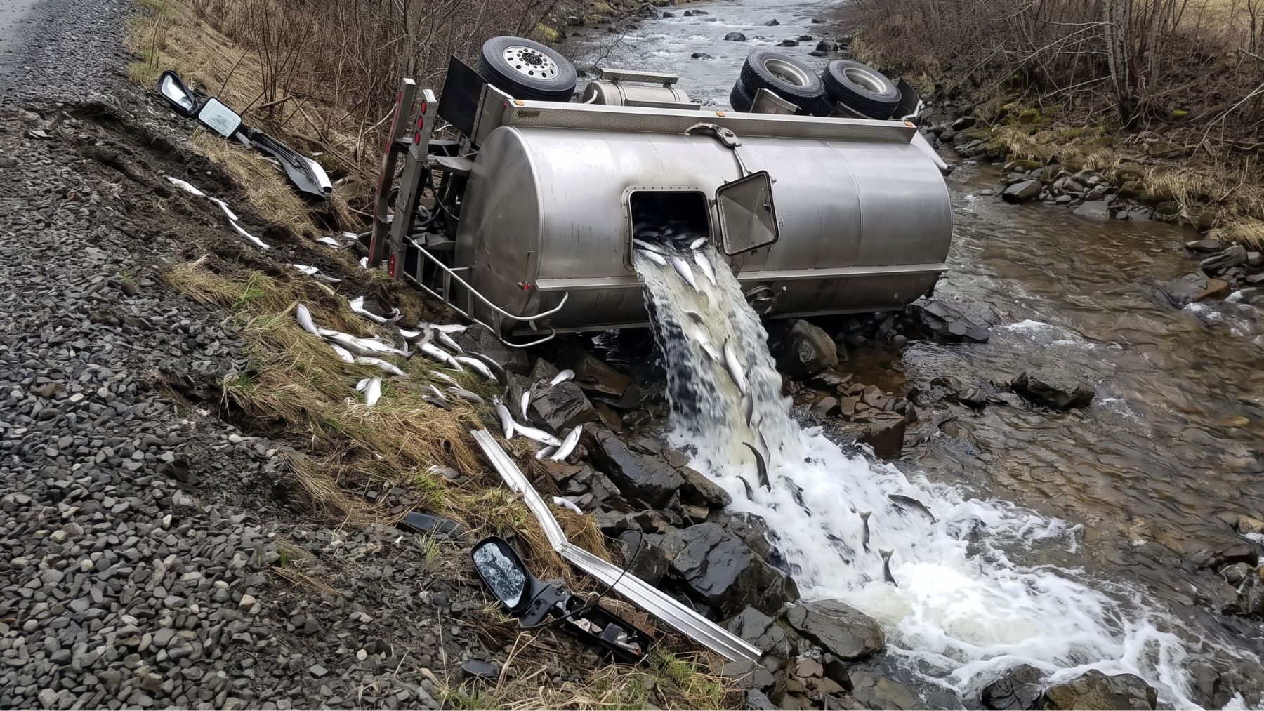 Young salmon spilling from a wrecked tanker into a creek