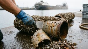 Zebra mussels took 4 of the 5 Great Lakes after riding in on ballast water, and the one that held them off did it with nothing but 12 milligrams of calcium in a liter 33 Zebra mussels encrusting a pipe pulled from Great Lakes water