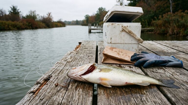 Gutted freshwater fish on a Great Lakes dock, illustrating freshwater fish PFAS contamination, across 500 sampled