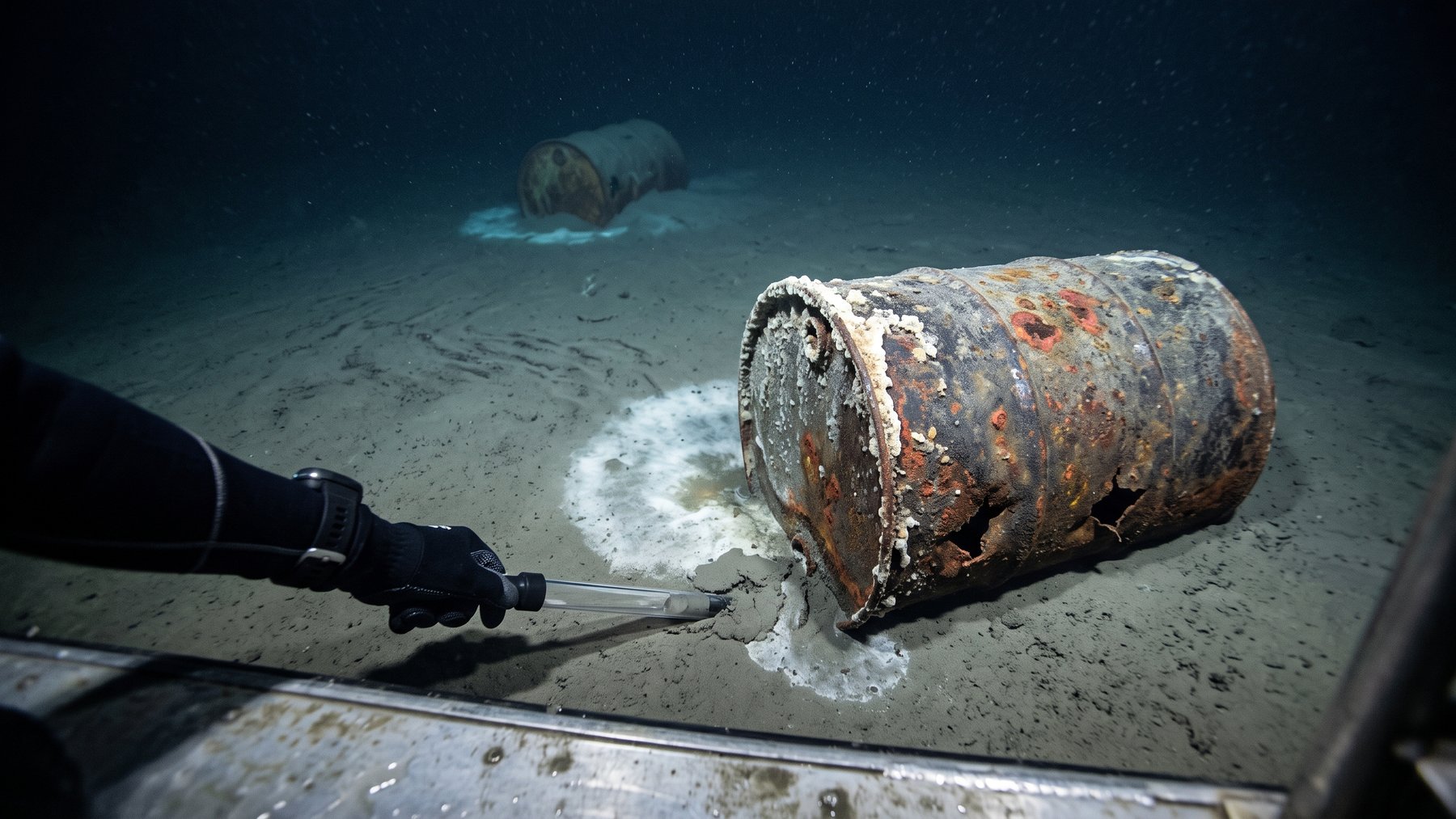 corroded halo barrel Los Angeles seafloor with white alkaline halo in sediment, among roughly 27