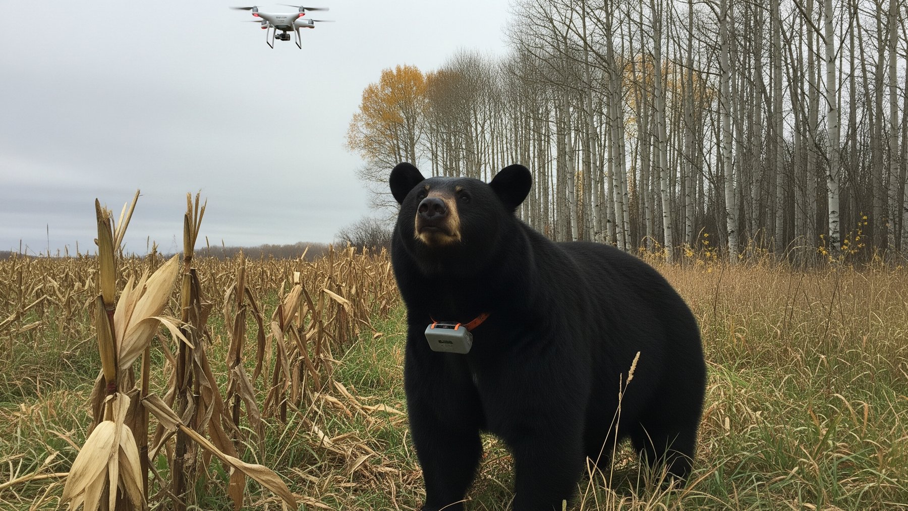 a wild black bear with GPS collar looks up at a drone, showing hidden drone stress