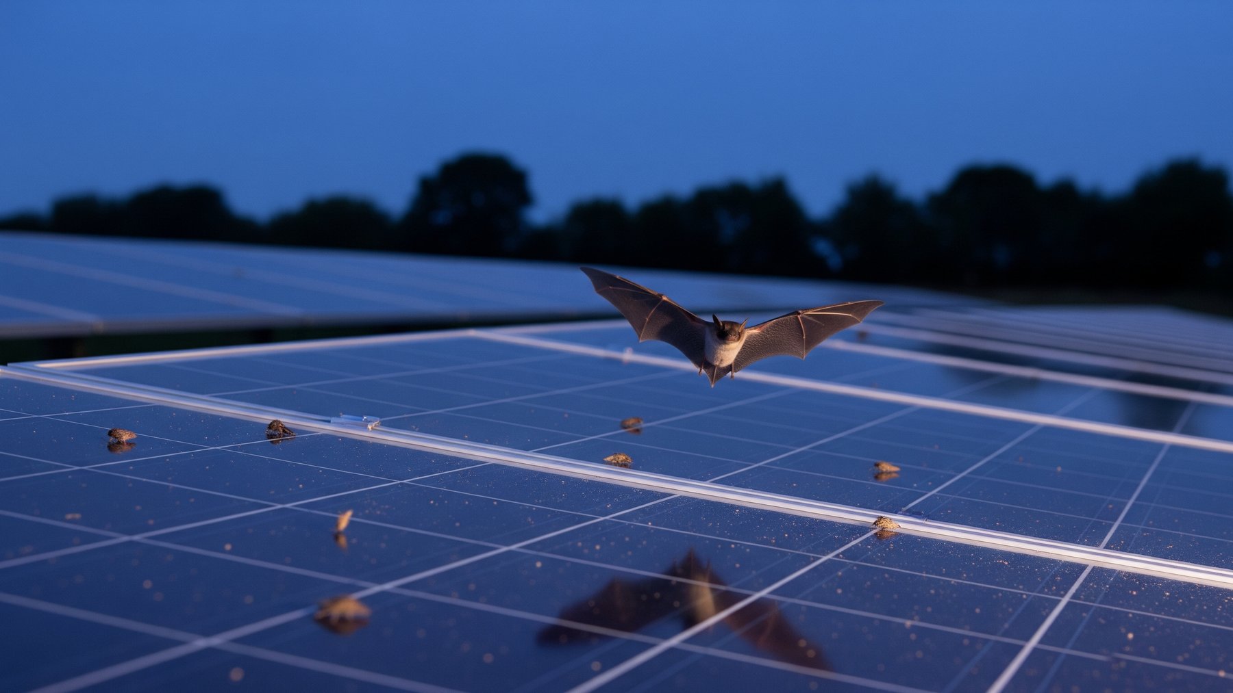 a pipistrelle bat flying low over solar panels at dusk, illustrating bat activity solar farms research, detectors logged 50