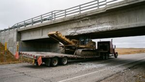 Four months after a million dollar repair finished at Beulah, a forklift mast on a lowboy trailer struck the same Wyoming overpass and compromised 2 of its girders again 10 A permitted oversize load excavator striking the underside of Wyoming's Beulah bridge overpass, four months after