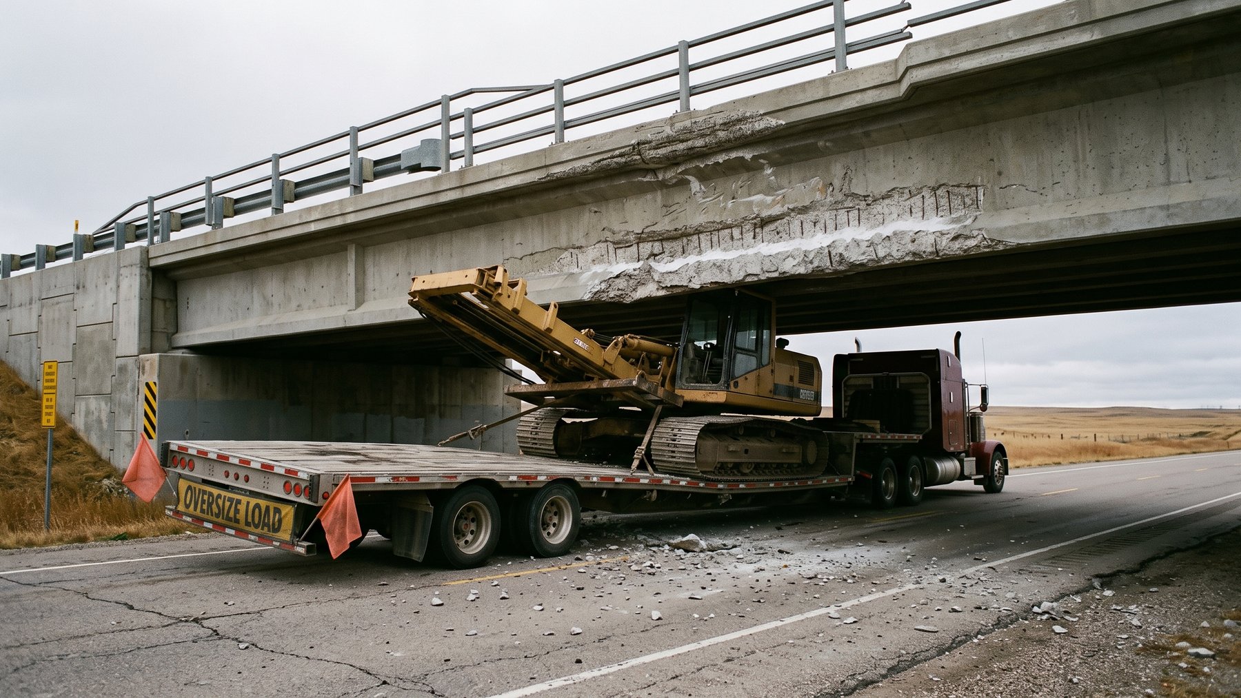 A permitted oversize load excavator striking the underside of Wyoming's Beulah bridge overpass, four months after