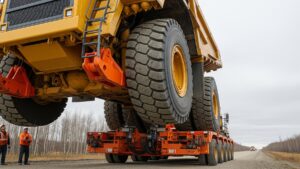 A 400 ton mining truck the size of a house rolled down a northern Alberta highway in one piece for the first time, riding a custom frame that saved crews five to six days of taking it apart 25 mining truck highway transport on SPMT axles in northern Alberta, fully assembled 400