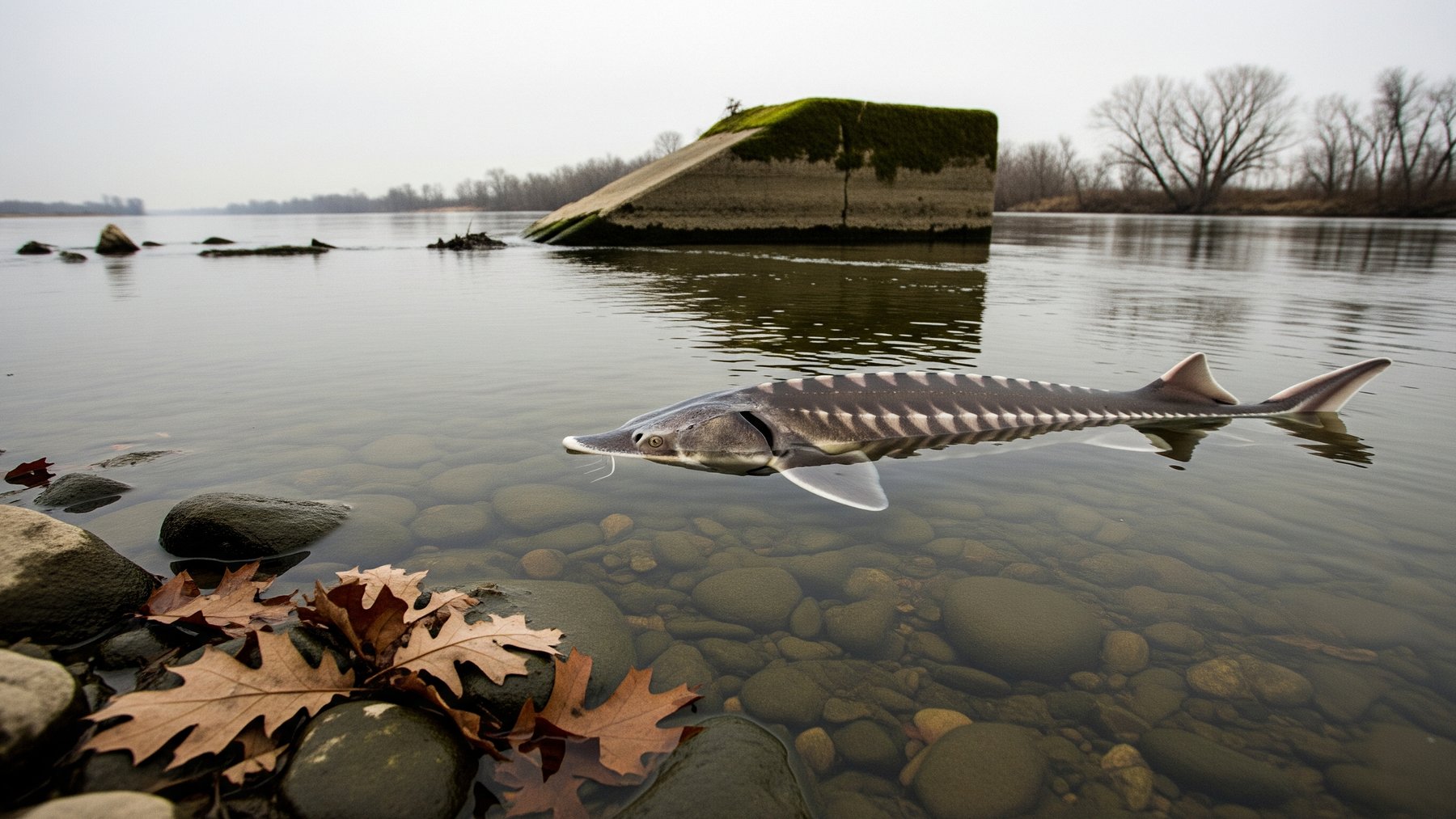 A sturgeon surfacing in clear river water near a demolished dam removal site in Illinois