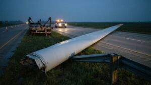 A turbine blade hauled west near Hagerstown came loose at 5 in the morning and lay across both sides of I-70 for three hours, and the only person hurt was a worker sent to clear it 48 turbine blade lying across I-70 median near Hagerstown Maryland after coming loose from trailer
