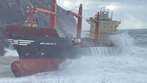 With 1,600 metric tons of fuel aboard, a container ship lost power in a blizzard and came ashore in a Newfoundland cove where capelin spawn 29 grounded container ship MSC Baltic III in Cedar Cove Newfoundland winter, 1 600 metric