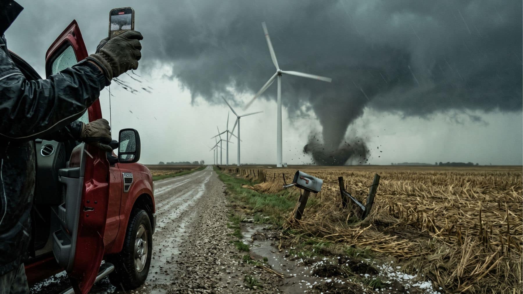 A tornado crossing turbines inside a weather radar blind spot