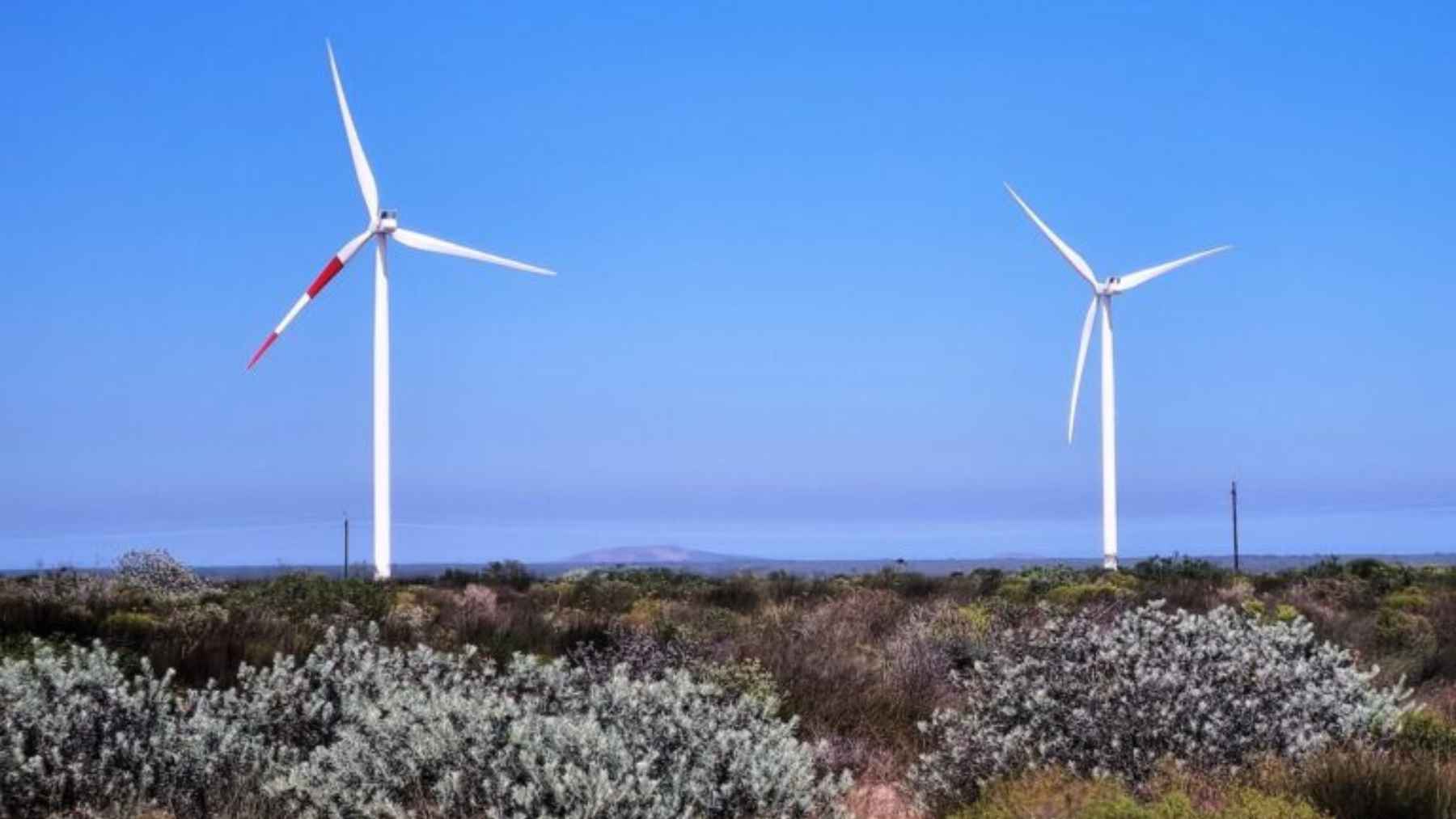Red stripe turbine blades on a wind turbine at Hopefield wind farm South Africa, 4 turbines painted