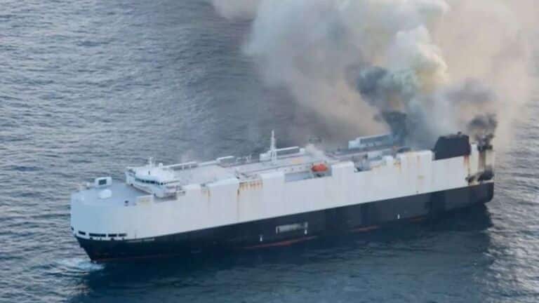 car carrier fire sending black smoke above Pacific swells off Alaska, car carrier hauling