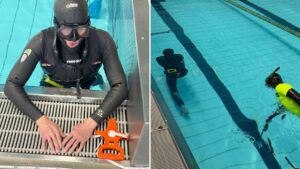 A freediver walked 394 feet along a pool floor on one breath, and the 60 year old who set that record in Asker broke his own mark while fighting bronchitis 38 freediver performing underwater walk one breath along pool floor in Norway, freediver walked 394